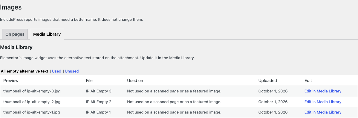 IncludePress Images screen, Media Library tab. Three attachments named IP Alt Empty 1, 2, and 3 have empty alternative text. Each row links to Edit in Media Library.