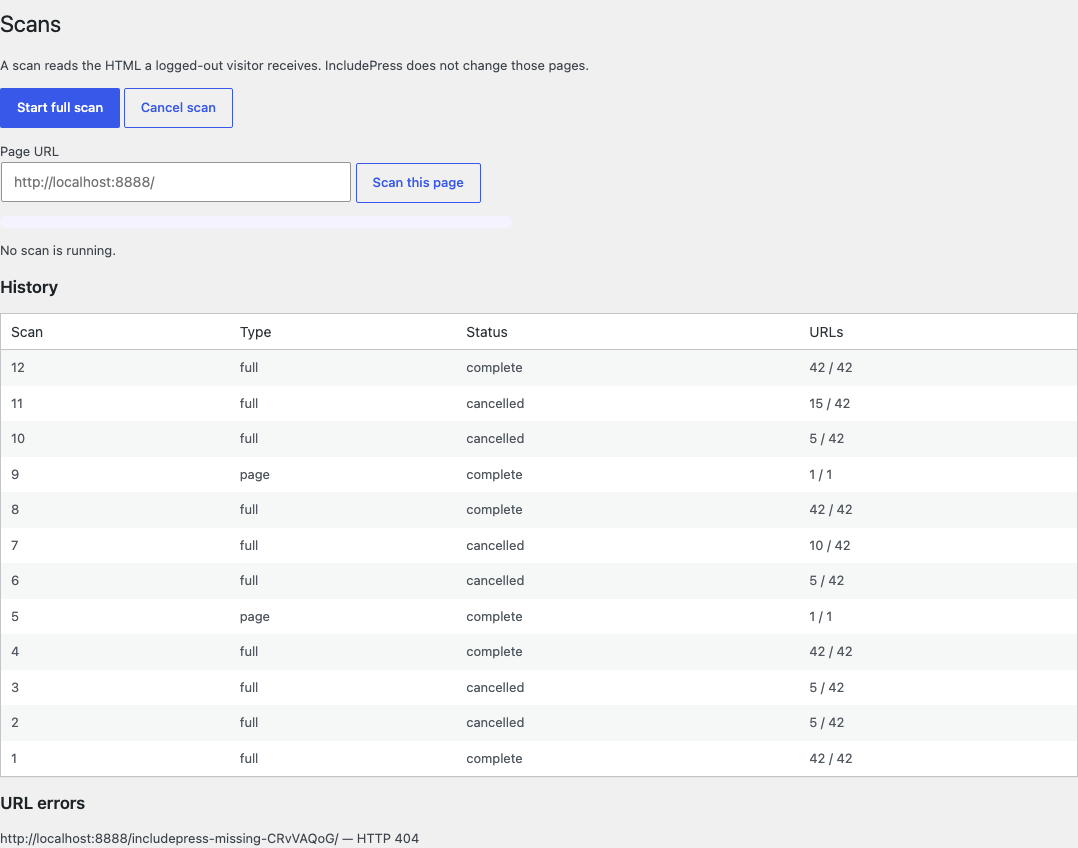 IncludePress Scans screen after a scan finishes. The history table shows a completed full scan of 42 URLs. A missing URL is listed under URL errors with HTTP 404.